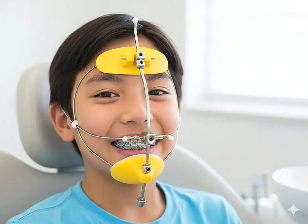 A boy with braces wears yellow Reverse Pull Headgear Braces in a dental chair at Natalie Yang Orthodontics Orthodontics in Vacaville, CA.