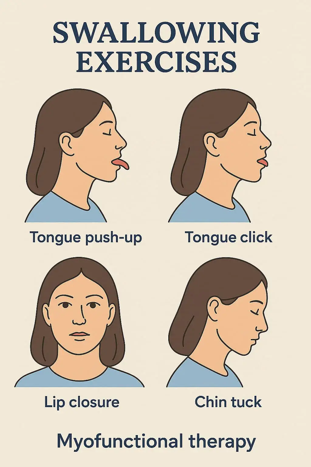 Four tongue thrust therapy exercises—tongue push-up, tongue click, lip closure, and chin tuck, at Natalie Yang Orthodontics in Vacaville, CA, illustrated by labeled drawings of a woman performing each. Four tongue thrust therapy exercises—tongue push-up, tongue click, lip closure, and chin tuck, at Natalie Yang Orthodontics in Vacaville, CA, illustrated by labeled drawings of a woman performing each.