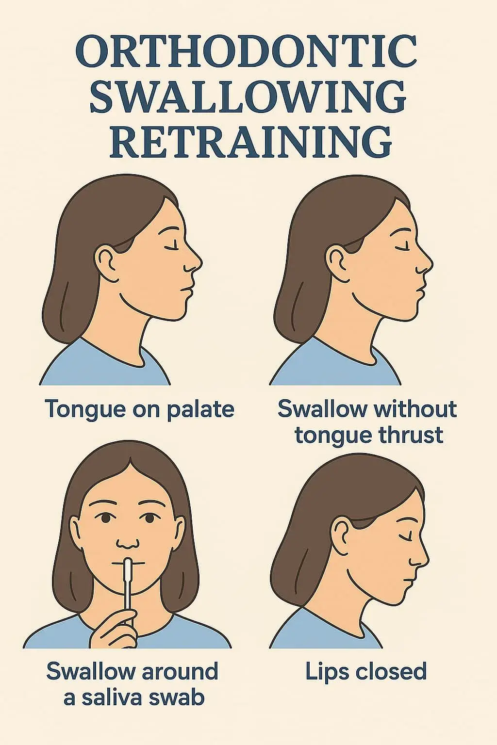 Four steps of tongue thrust treatment at Natalie Yang Orthodontics in Vacaville, CA: tongue on palate, swallow without thrust, swallow around saliva swab, lips closed. Four steps of tongue thrust treatment at Natalie Yang Orthodontics in Vacaville, CA: tongue on palate, swallow without thrust, swallow around saliva swab, lips closed.
