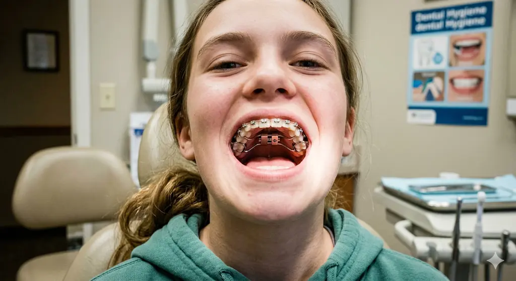 In Vacaville, CA, at Natalie Yang Orthodontics, a person opens their mouth to show braces and palatal expander.